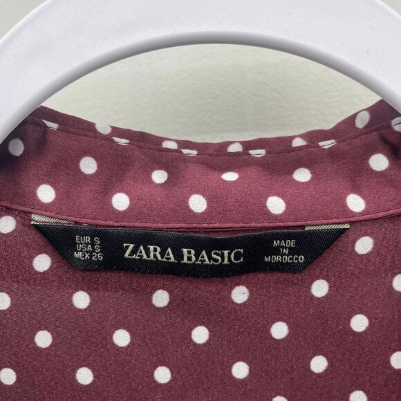 Zara Basic Brown Maroon Wine White Polka Dot Oversized Tunic Satin Blouse - Picture 6 of 6